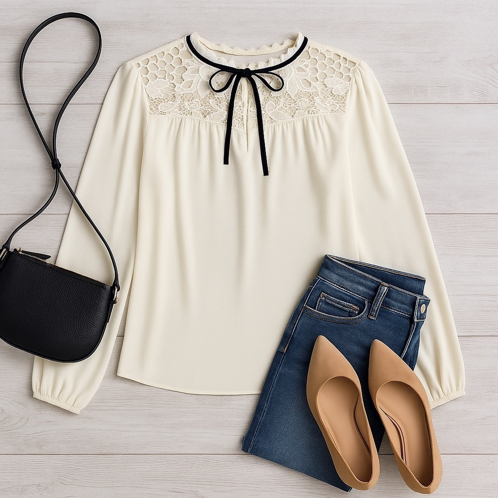 Express | Cream Lace Yoke Long Sleeve Blouse M NWT - Picture 14 of 14